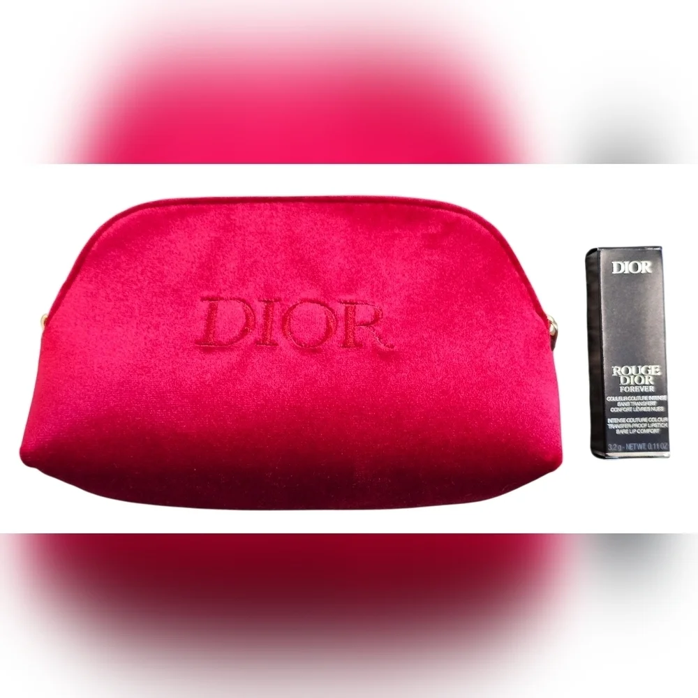 Christian Dior Red Velvet Pouch with Logo and Rouge Dior Lipstick #558. New!